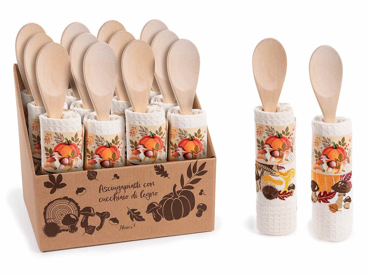 Cucchiaio in legno e asciugapiatti da cucina in cotone ricamato con decorazione, set da 12 pezzi, Asciugapiatti: 38 x 64 H