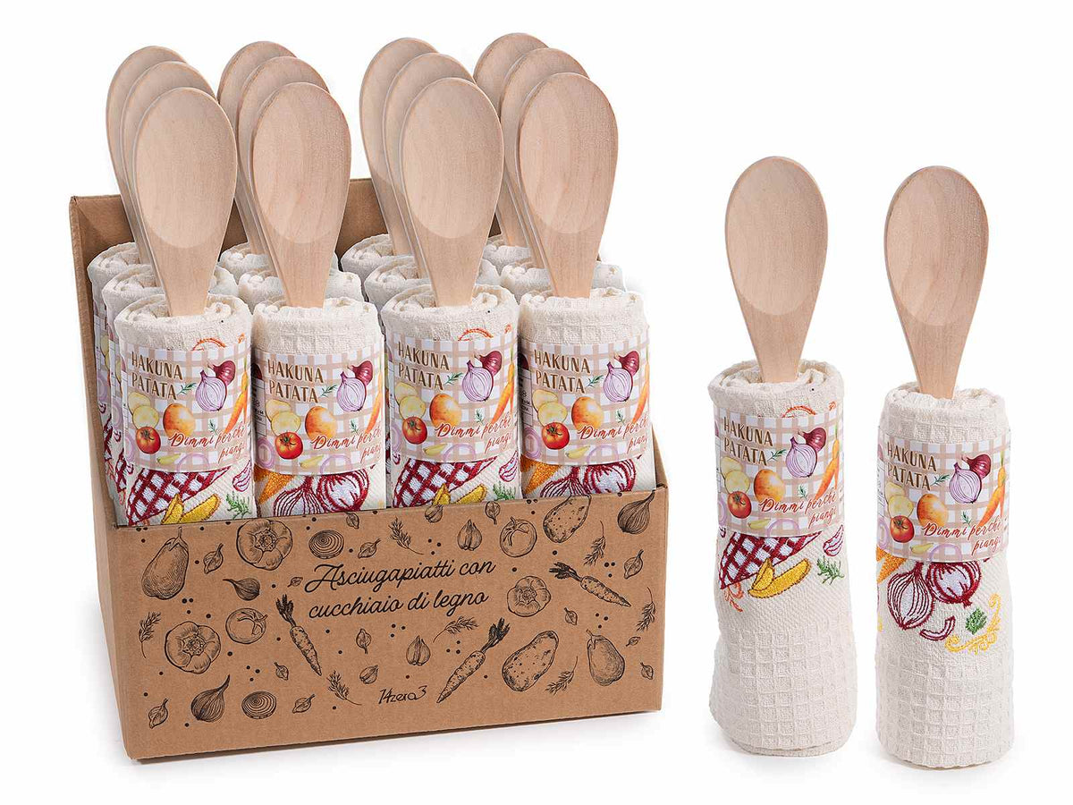 Cucchiaio in legno e asciugapiatti da cucina in cotone ricamato con decorazione, set da 12 pezzi, Asciugapiatti: 38 x 64 H
