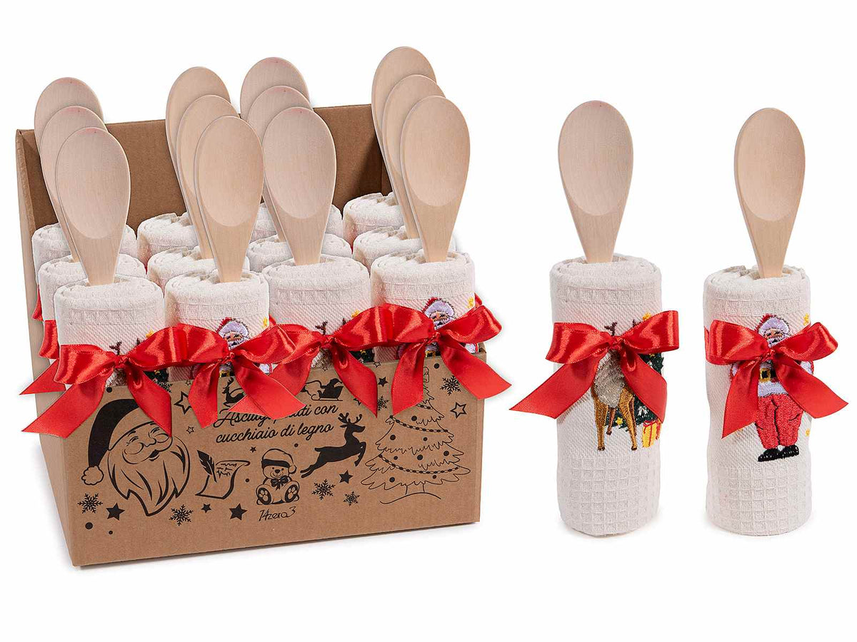 Set regalo cucina natalizia con cucchiaio in legno e asciugapiatti in cotone, set da 12 pezzi, Asciugapiatti: 38 x 64 H