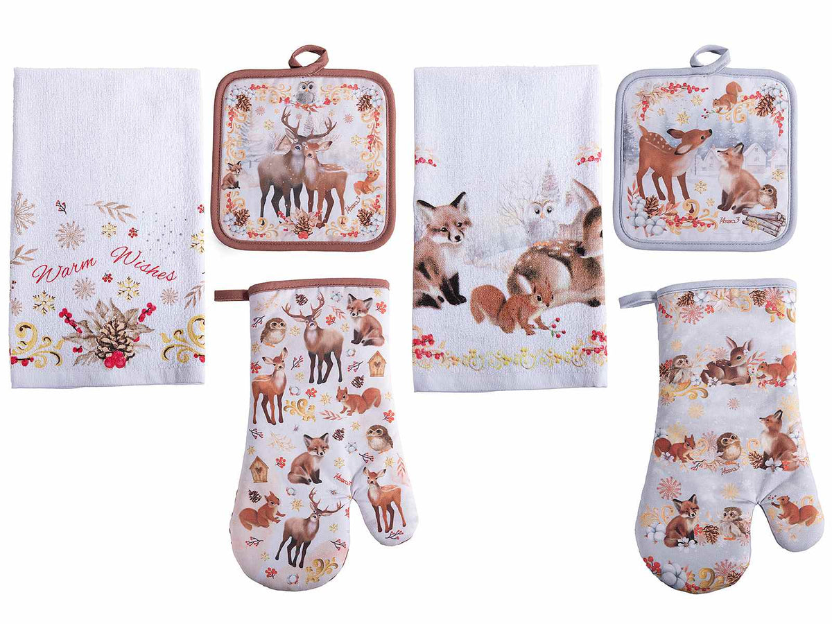 Set tessili da cucina di Natale con guanto, presina e asciugapiatti in cotone, set da 4 pezzi