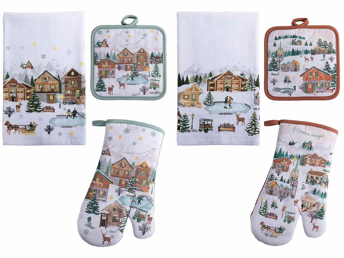 Set tessili da cucina di Natale con guanto, presina e asciugapiatti in cotone, set da 4 pezzi, Asciugapiatti: cm 38 x 64 H