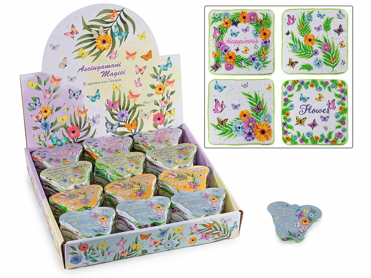 Mini asciugamano magico con stampa fiori compresso che si sviluppa in acqua, set da 36 pezzi, Aperto: cm 28 x 28 H