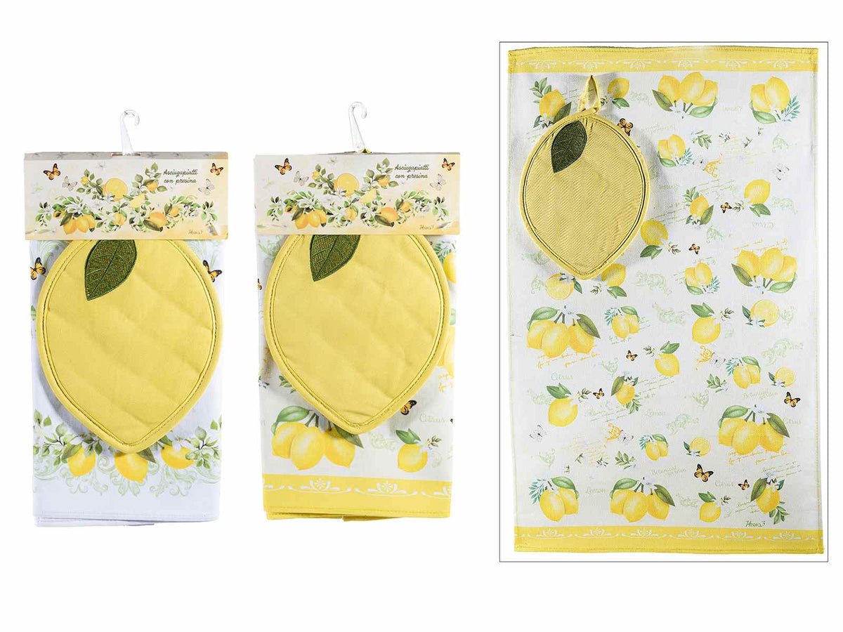 Set asciugapiatti da cucina in cotone con decori limoni e presina sagomata, set da 4 pezzi, Asciugapiatti: cm 38 x 64 H