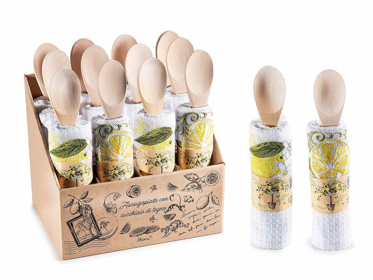 Asciugapiatti in cotone ricamato con limoni e cucchiaio in legno in espositore, set da 12 pezzi, Asciugapiatti: cm 38 x 64 H