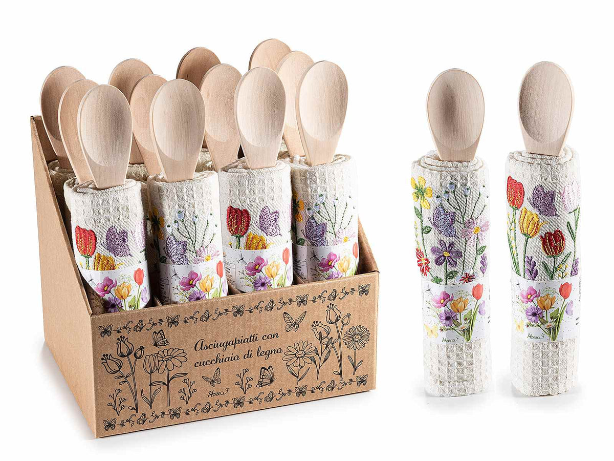 Asciugapiatti in cotone ricamato con motivi floreali e cucchiaio in legno, set da 12 pezzi, Asciugapiatti: cm 38 x 64 H