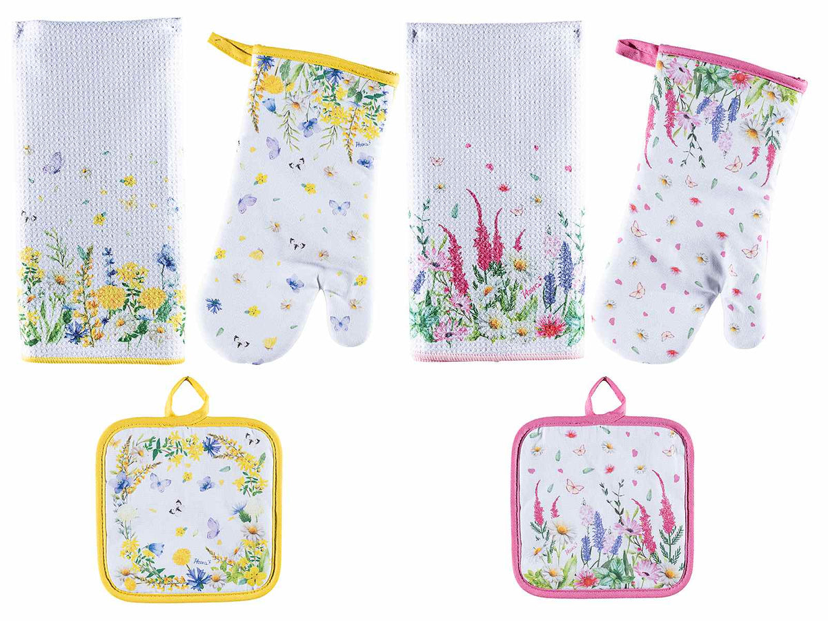 Set tessili da cucina con guanto, presina e asciugapiatti in microfibra, set da 4 pezzi, Asciugapiatti: cm 38 x 64 H
