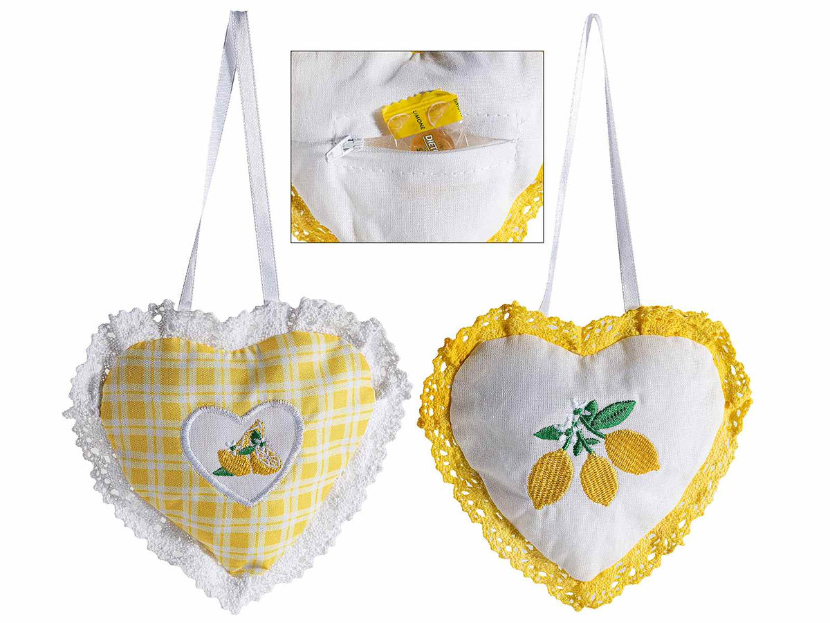 Sacchetti in cotone a cuore con ricamo limoni e taschina porta sacchetti /, set da 20 pezzi, cm 13,5 x 13 H
