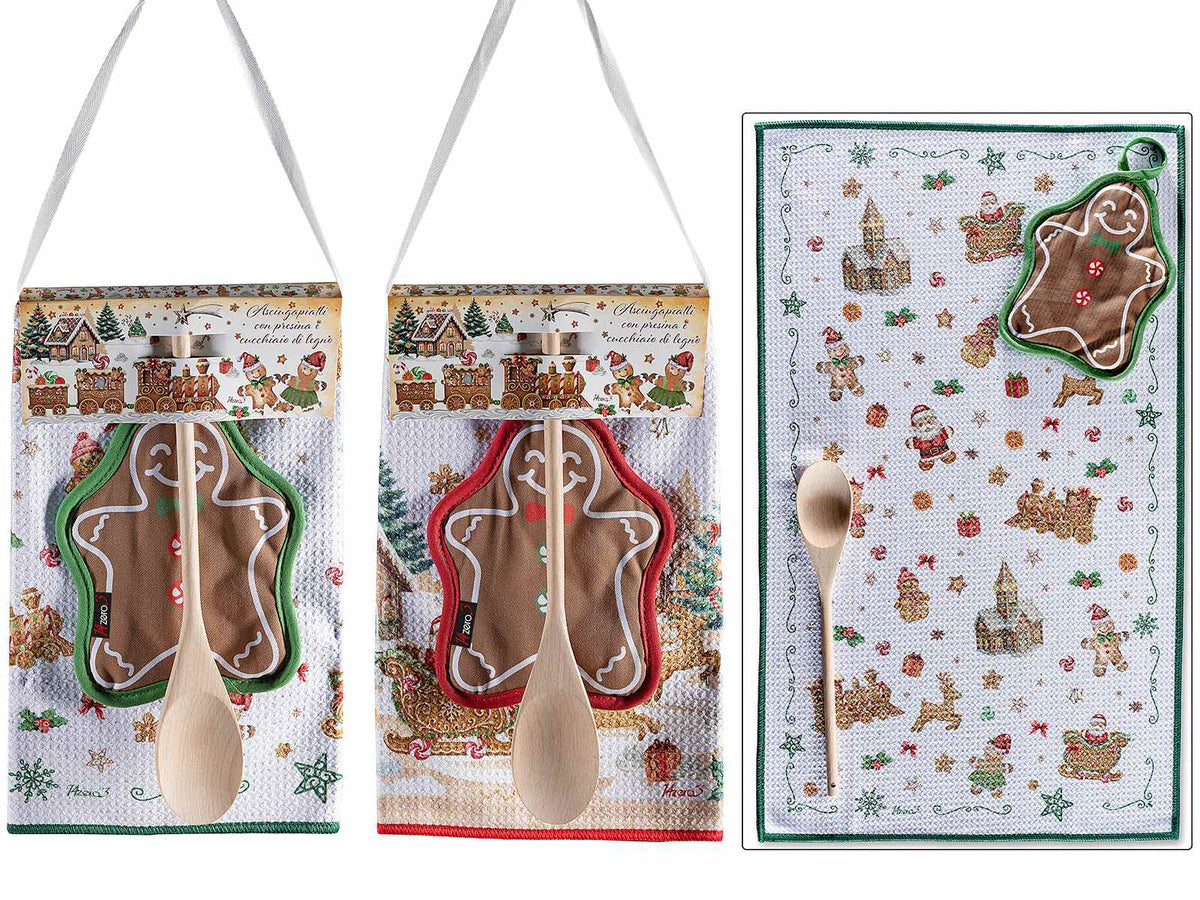 Set regalo natalizio da cucina con asciugapiatti in microfibra, presina omino, set da 2 pezzi, Asciugapiatti: cm 38 x 64 H