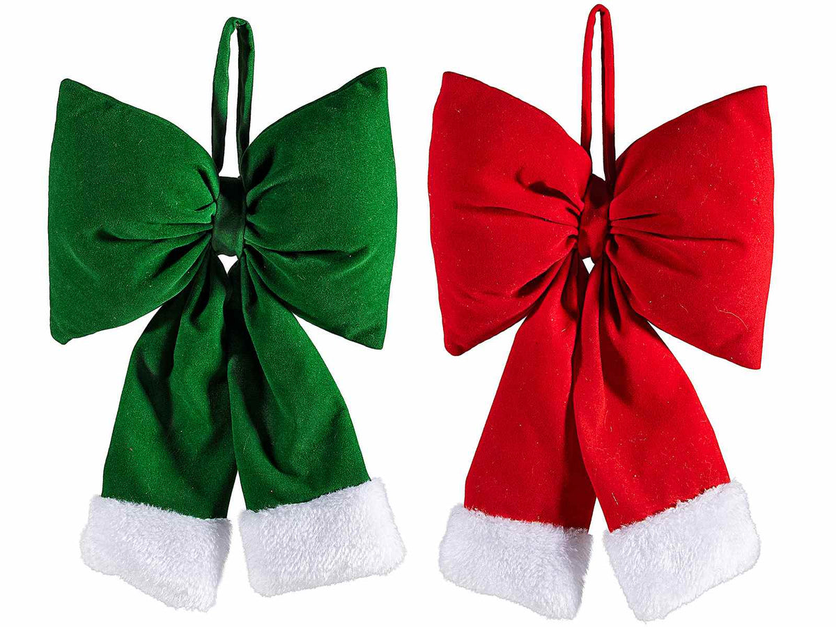 Fiocchi di Natale in velluto colorato con bordo in morbido eco-fur da appendere, set da 12 pezzi, cm 18 x 6 x 28 H