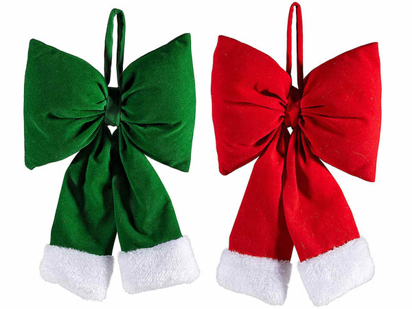 Fiocchi di Natale in velluto colorato con bordo in morbido eco-fur da appendere, set da 12 pezzi, cm 18 x 6 x 28 H