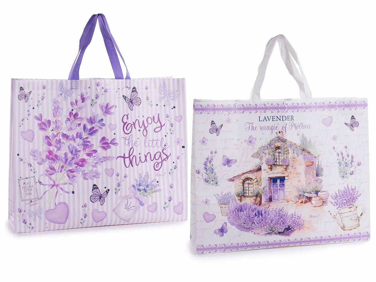 Borse riutilizzabili in tessuto non tessuto con stampa lavanda, set da 18 pezzi, cm49x12x40H (con manici56)