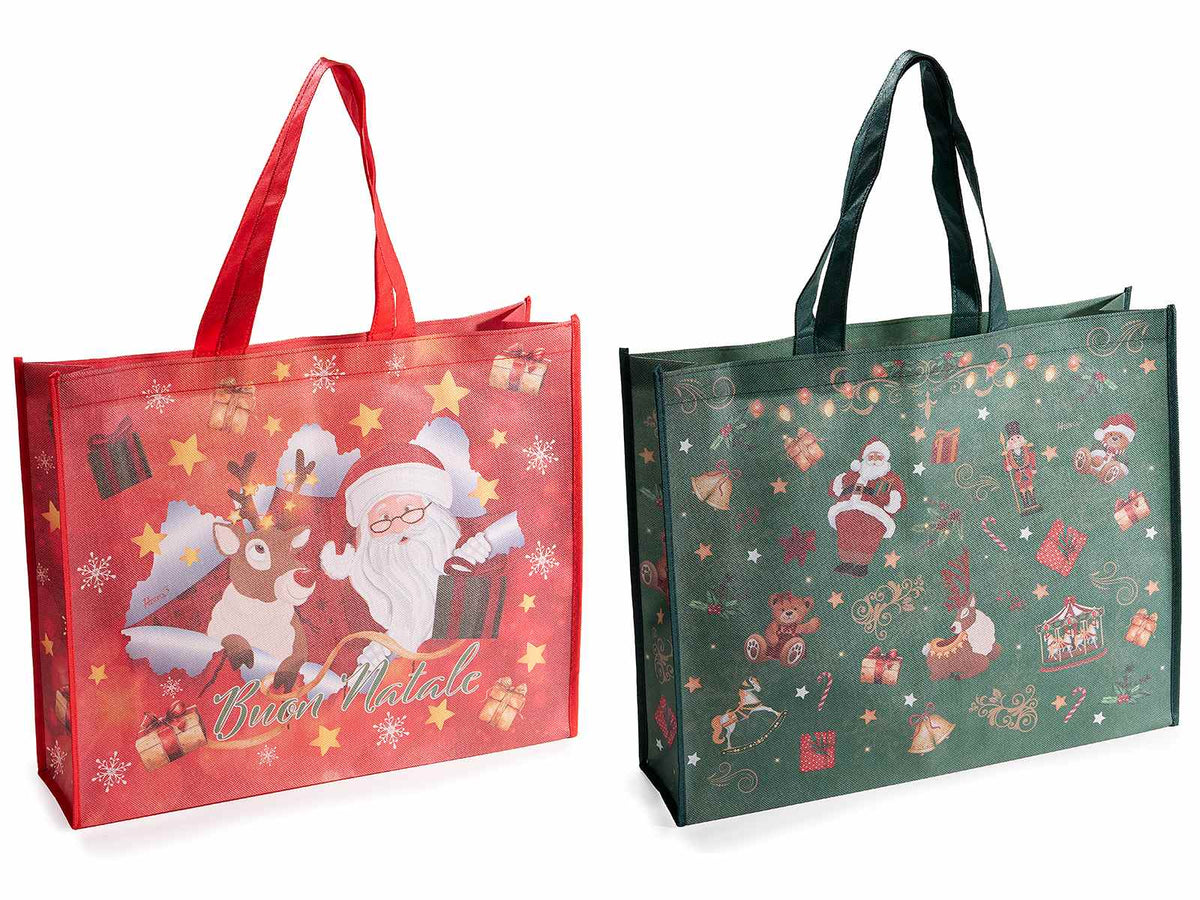 Borse di Natale riutilizzabili in tessuto non tessuto con stampa natalizia, set da 12 pezzi, cm 45x10x36 H (con manici 58)