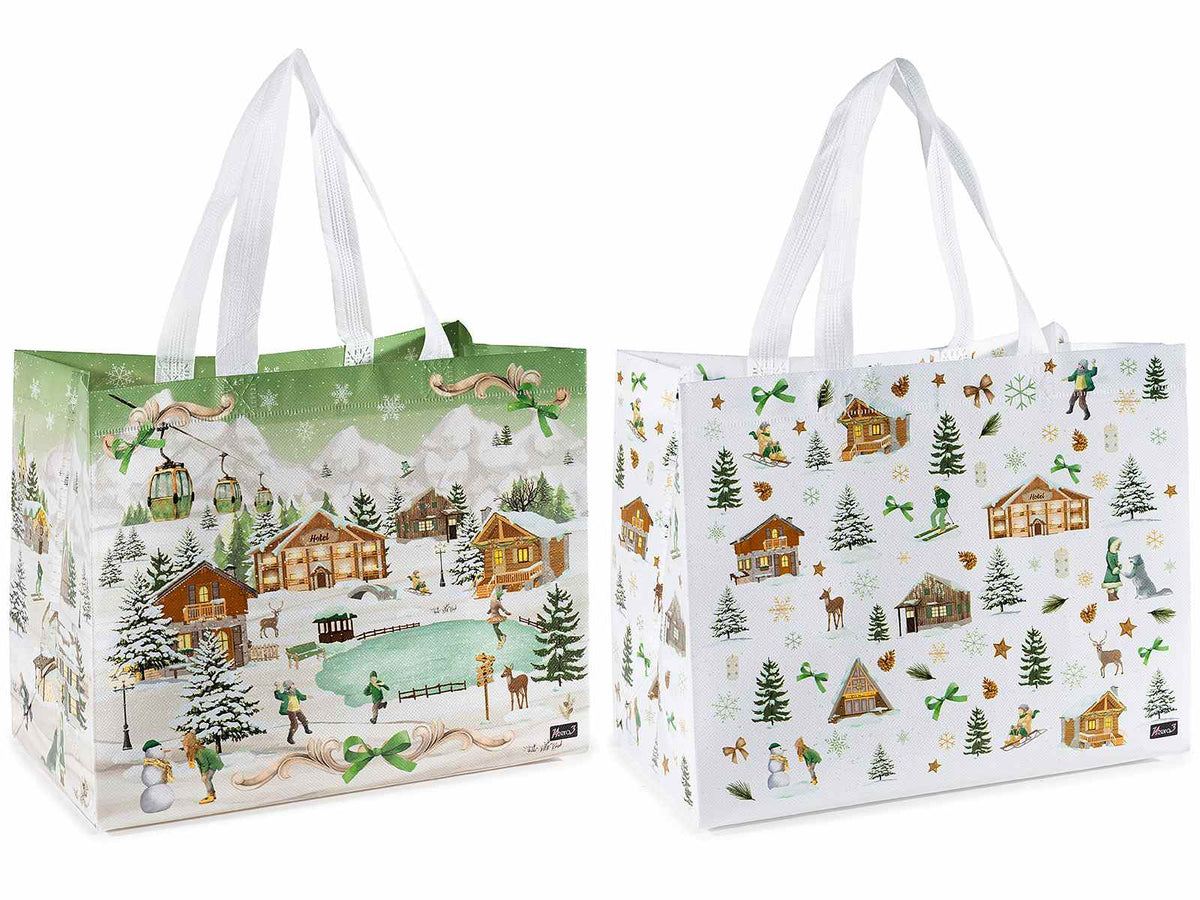 Borse in tessuto non tessuto con stampa villaggio natalizio, set da 16 pezzi, cm 32x17x25 H (con manici 40)