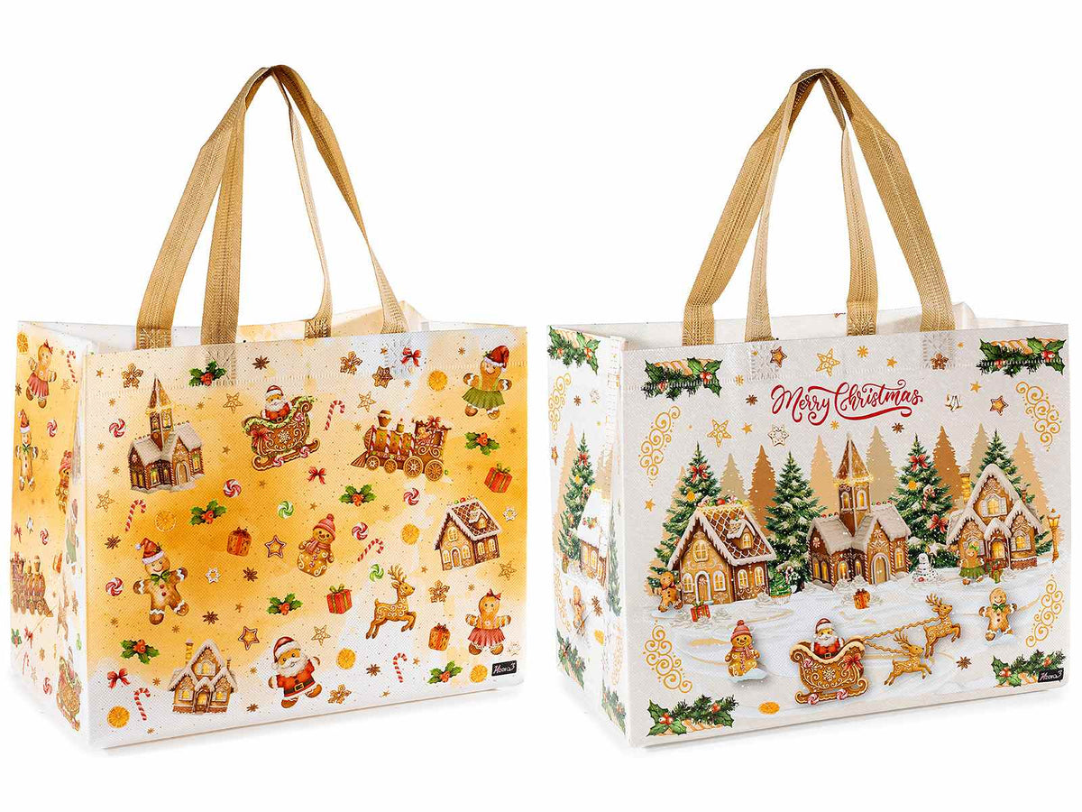 Borse in tessuto non tessuto con stampa omini pan di zenzero natalizi, set da 16 pezzi, cm 32x17x25 H (con manici 40)
