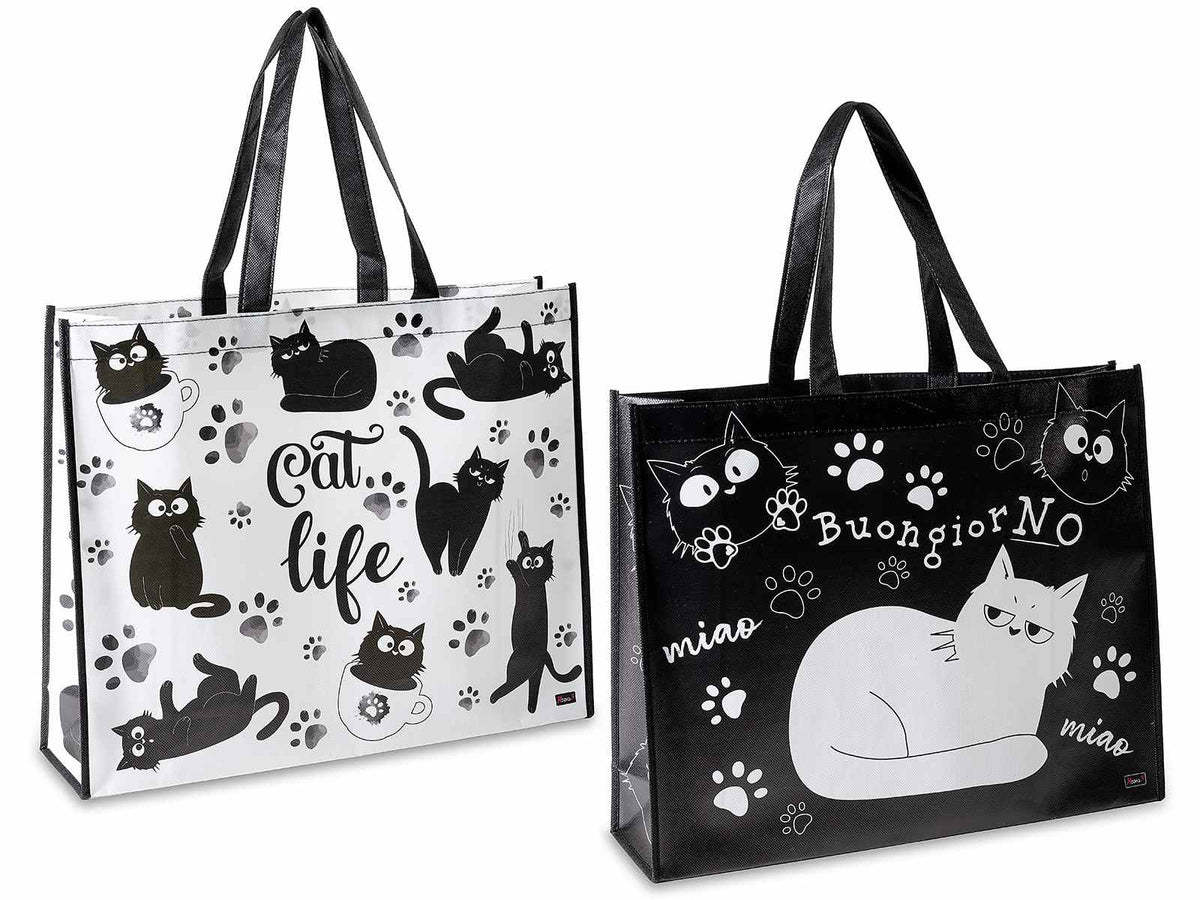 Borse / shopping bag riutilizzabile in poliestere rigido con stampa gatti, set da 10 pezzi, cm 45x11x36 H (con manici 56)