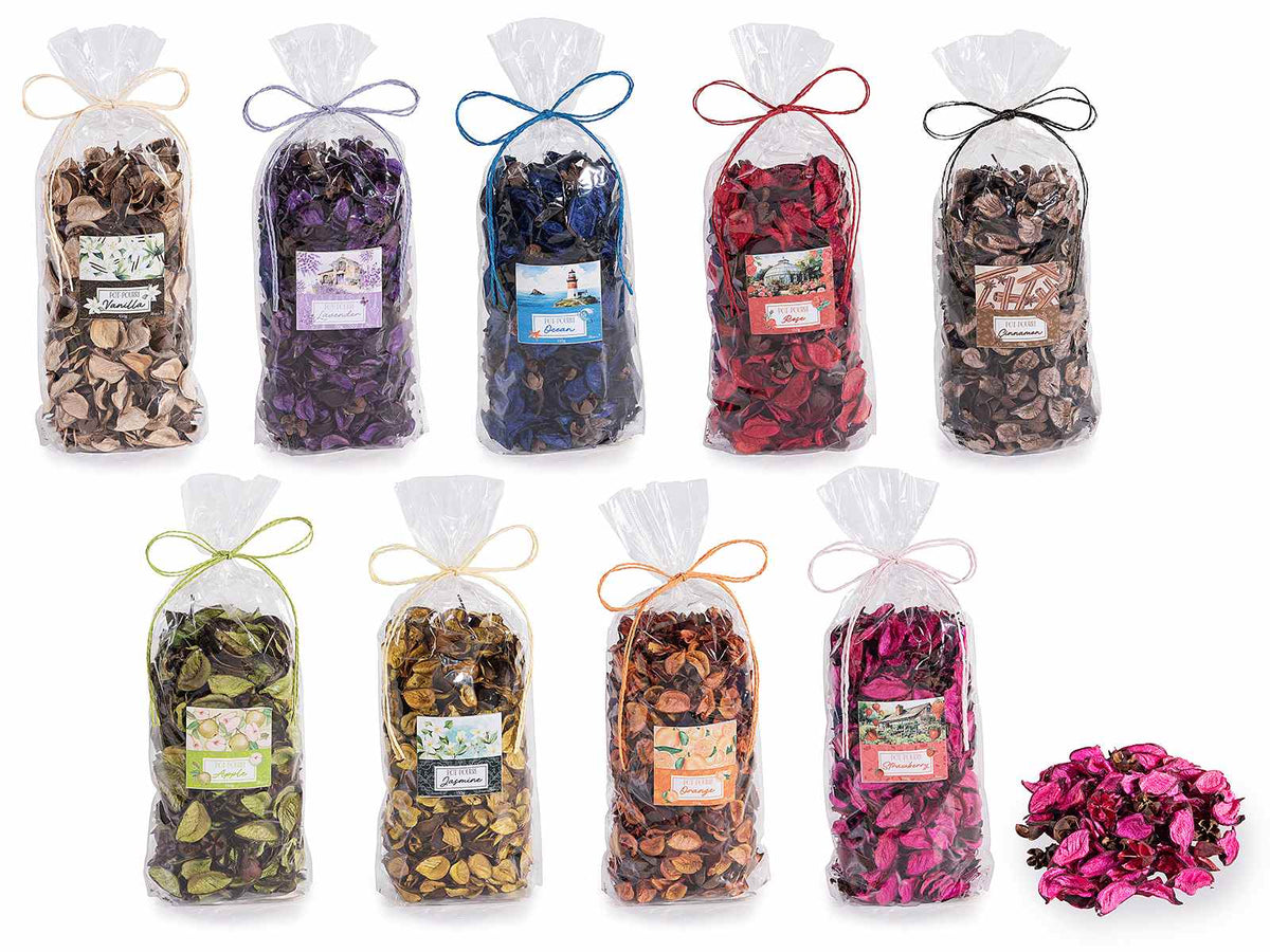 Pot-pourri in confezione trasparente con chiusura in rafia colorata. Ideale, set da 9 pezzi, -
