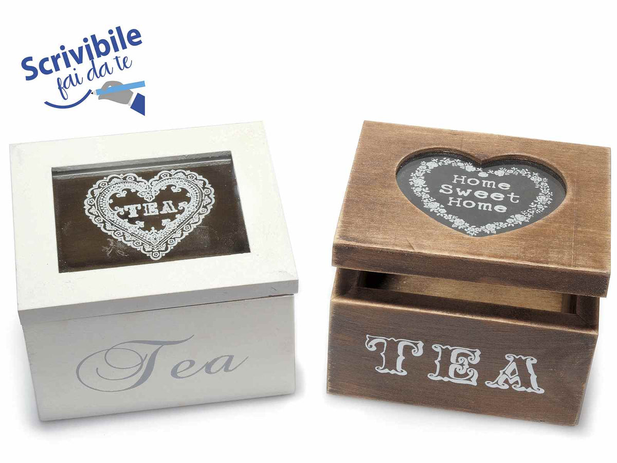 Scatole del té / spezie in legno scrivibile fai da te con coperchio in vetro, set da 4 pezzi, cm 10 x 8,5 x 7 H