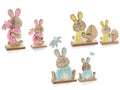 Coniglietti di Pasqua in legno e lana con fiore / uovo pasquale, set da 3 pezzi, Grande: cm 14 x 6 x 25 H