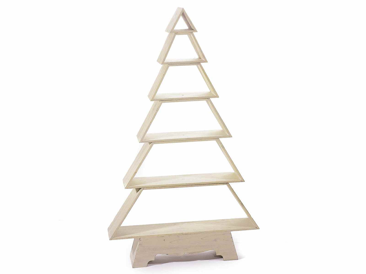 Scaffali natalizi a forma di albero, espositori in legno naturale con 6 mensole, cm 73,5 x 15 x 121,5 H