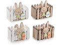 Cestini / contenitori a staccionata in legno con decori pasquali, uova, carota, set da 8 pezzi, cm 12 x 8 x 11,5 H