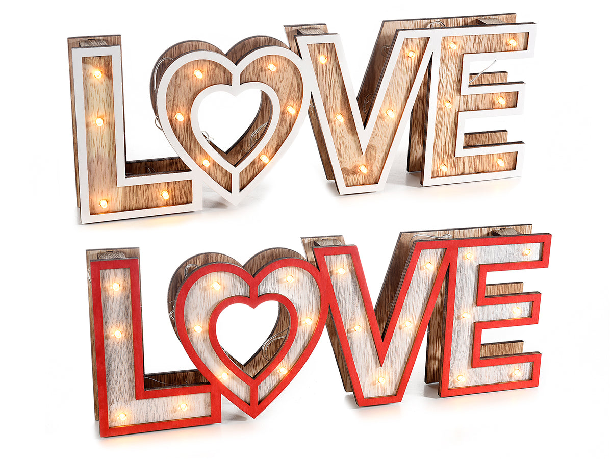 Scritte Love luminose in legno con bordi colorati con luci led bianco caldo, set da 2 pezzi, cm 40 x 3,5 x 14,5 H