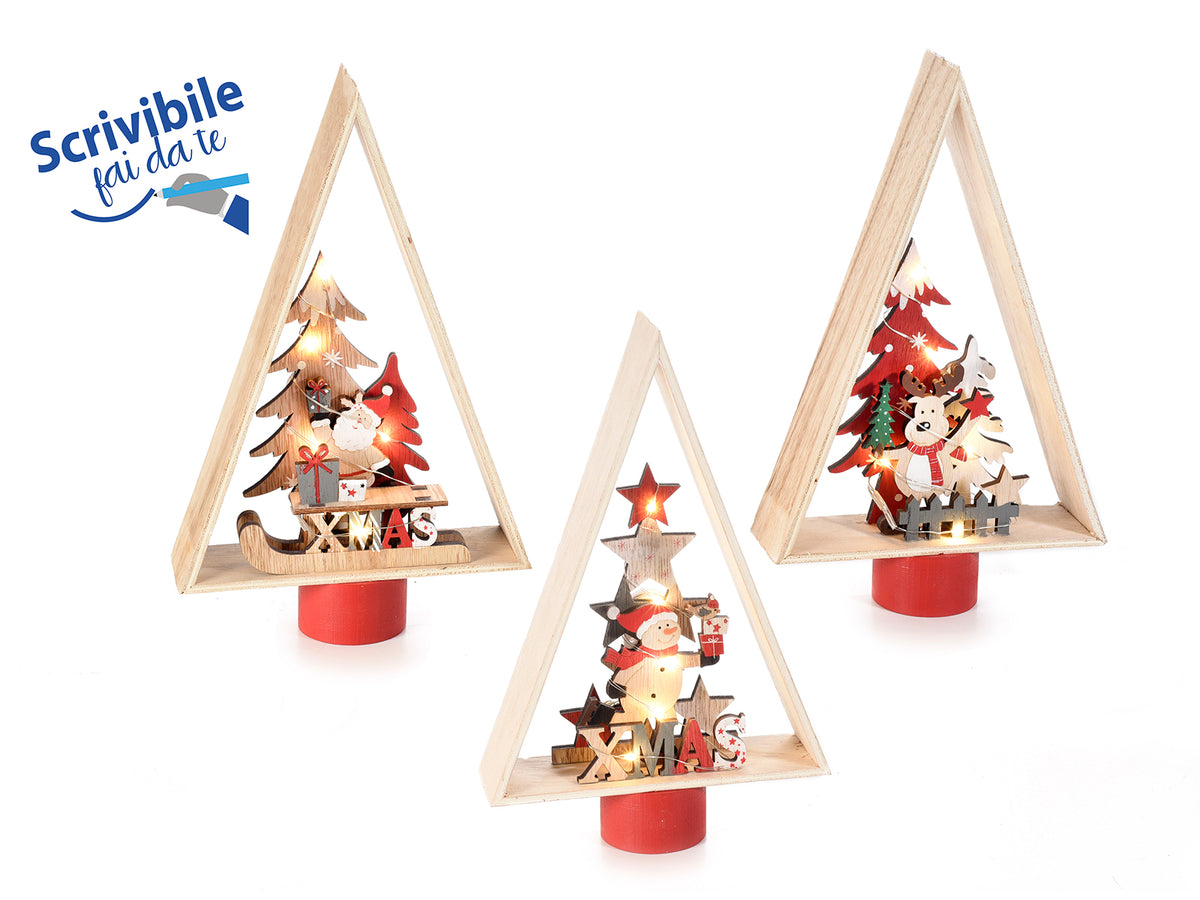 Decorazioni ad albero di Natale in legno con personaggi natalizi, luci led, set da 3 pezzi, cm 16 x 5 x 26 H