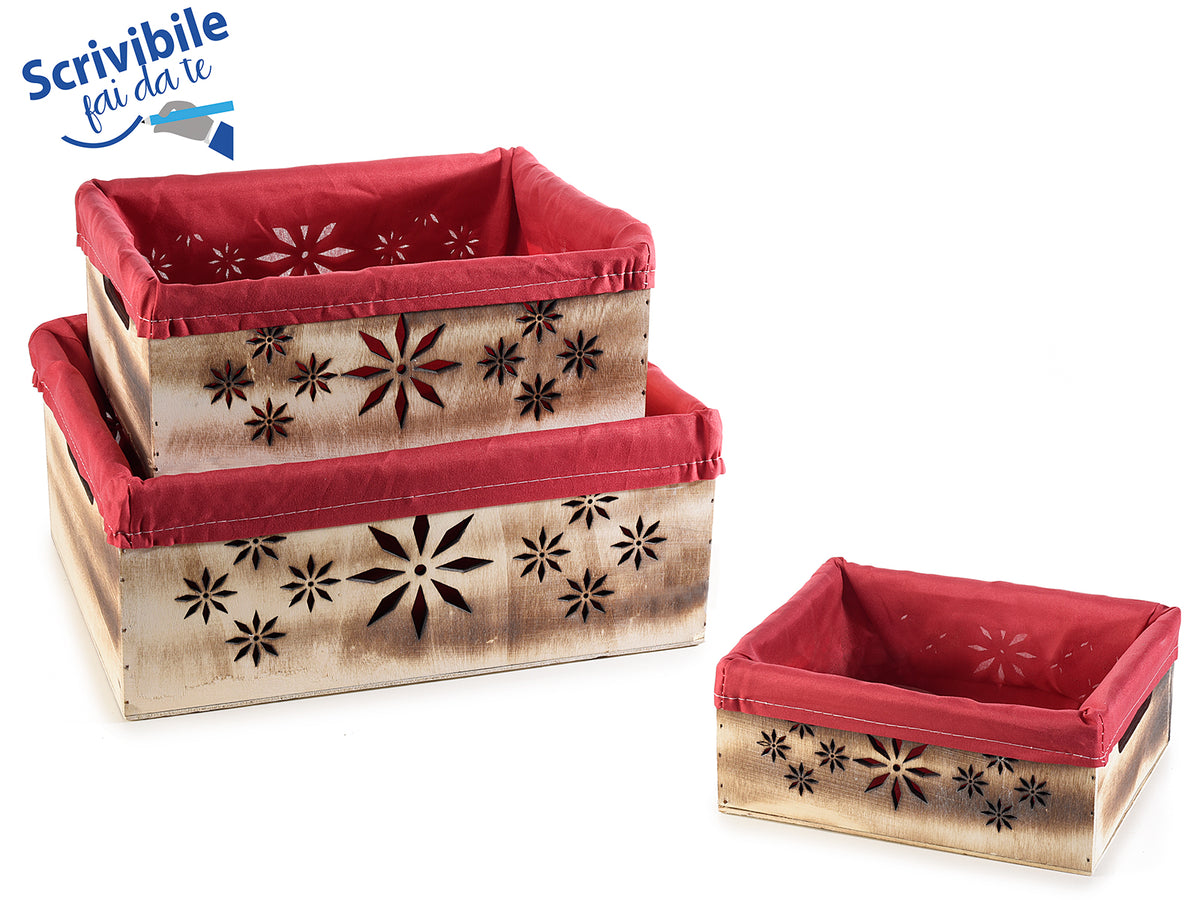 Cestini natalizi in legno intagliato a fiocchi di neve con stoffa interna, set da 2 pezzi, Grande: cm 30 x 23 x 12 H