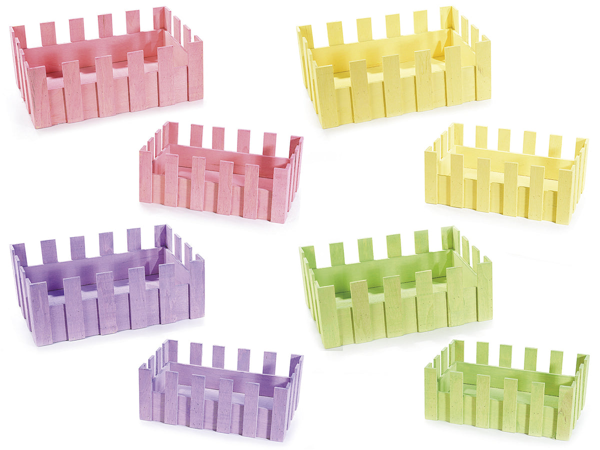 Cassette / Cestini in legno colorato a forma di staccionata, set da 4 pezzi, Grande: cm 27 x 18 x 10 H