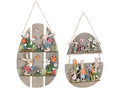 Decorazione a uovo da appendere in legno con personaggi pasquali, set da 2 pezzi, cm 17 x 26 H