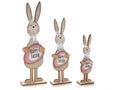 Conigli decorativi in legno con uovo, scritta e orecchie glitterate, set da 2 pezzi, Grande: cm 16 x 7 x 50 H