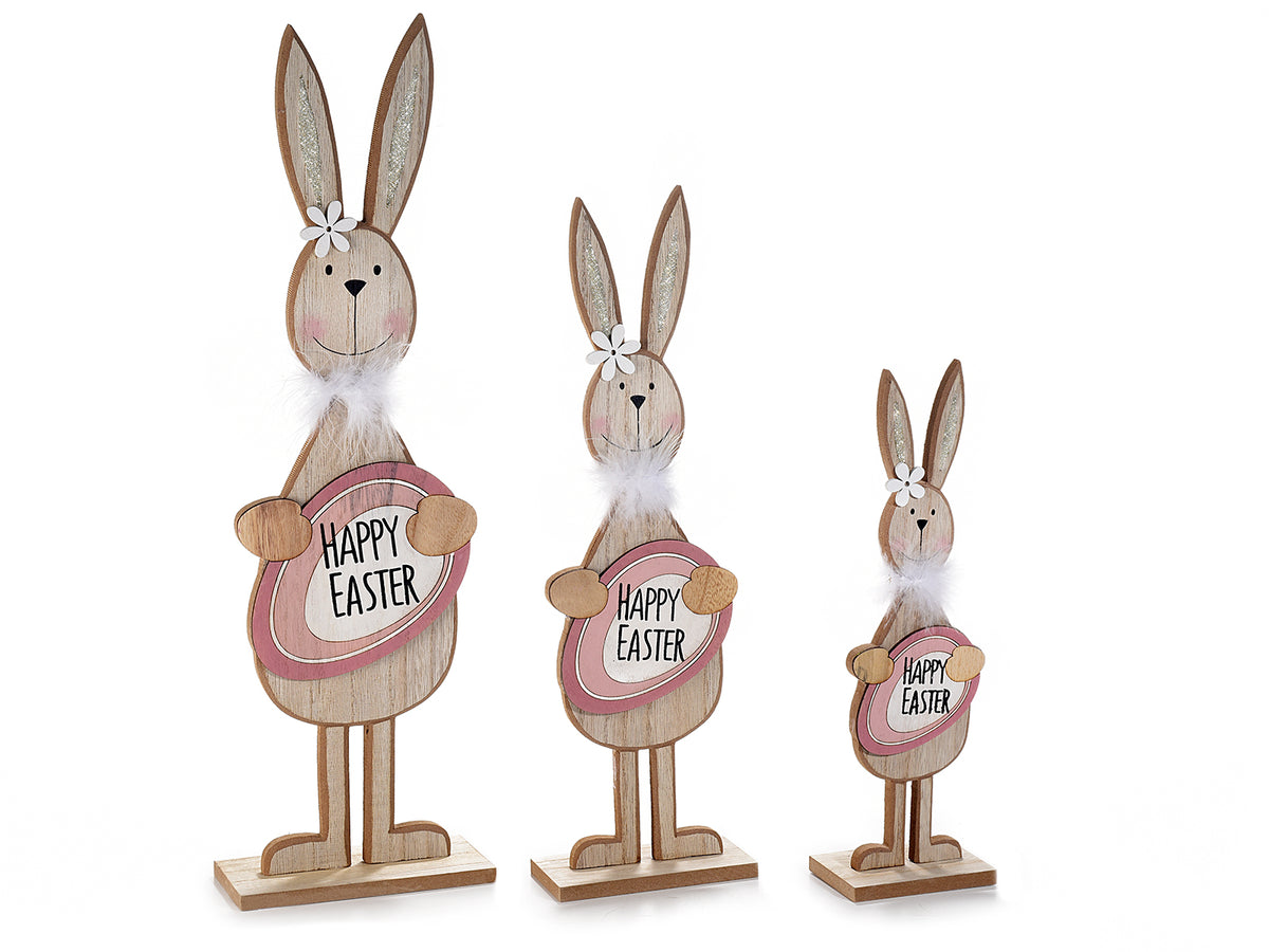 Conigli decorativi in legno con uovo, scritta e orecchie glitterate, set da 2 pezzi, Grande: cm 16 x 7 x 50 H