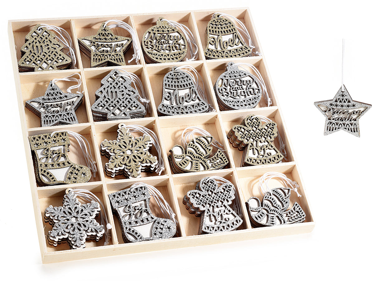 Decori, addobbi natalizi in legno da appendere con glitter metallizzati oro, Calza: cm 5 x 5,5 H