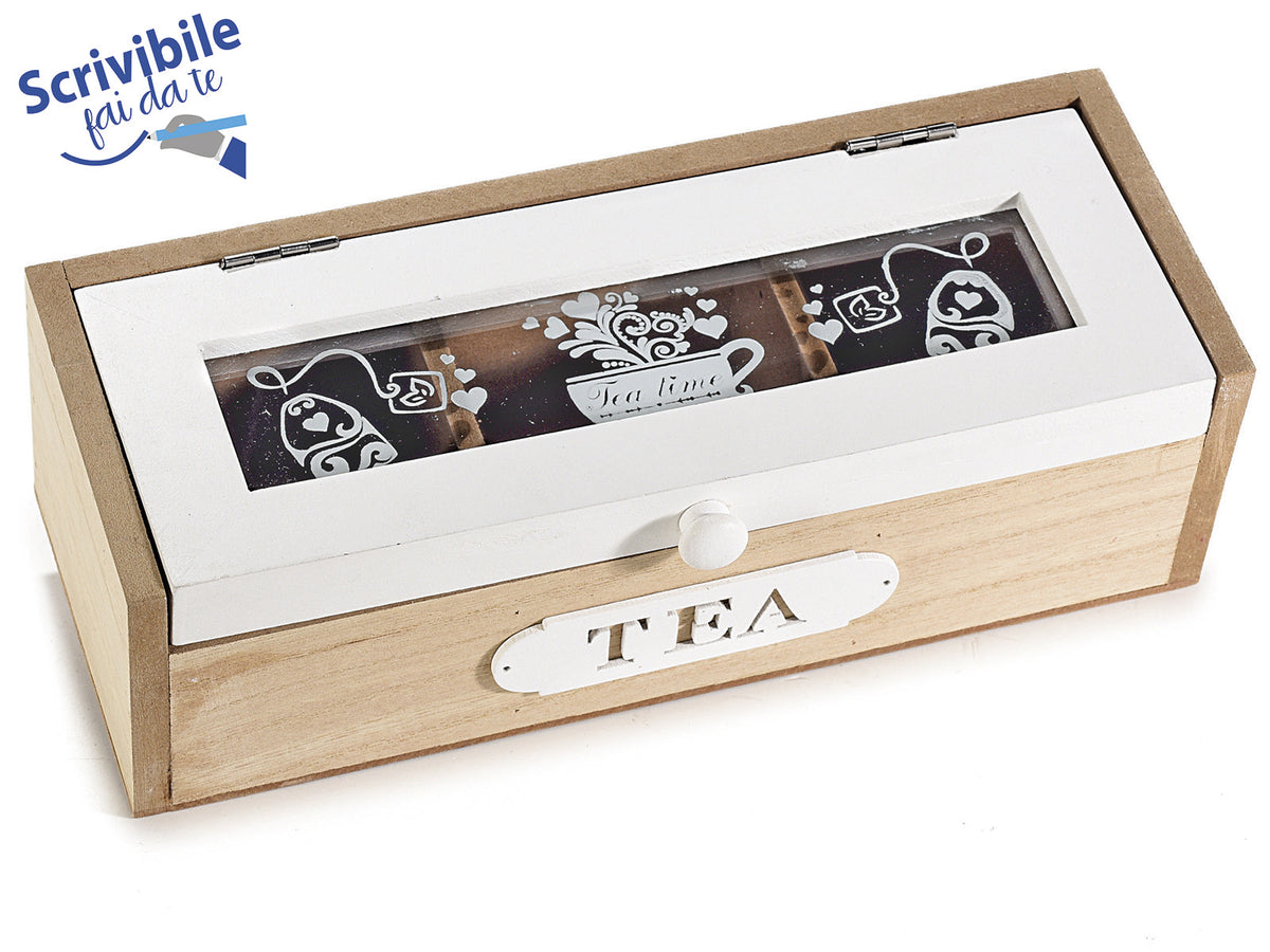 Scatole del tè / spezie in legno a 3 scomparti con coperchio a vetro decorato, set da 2 pezzi, cm 24 x 10 x 7,5 H