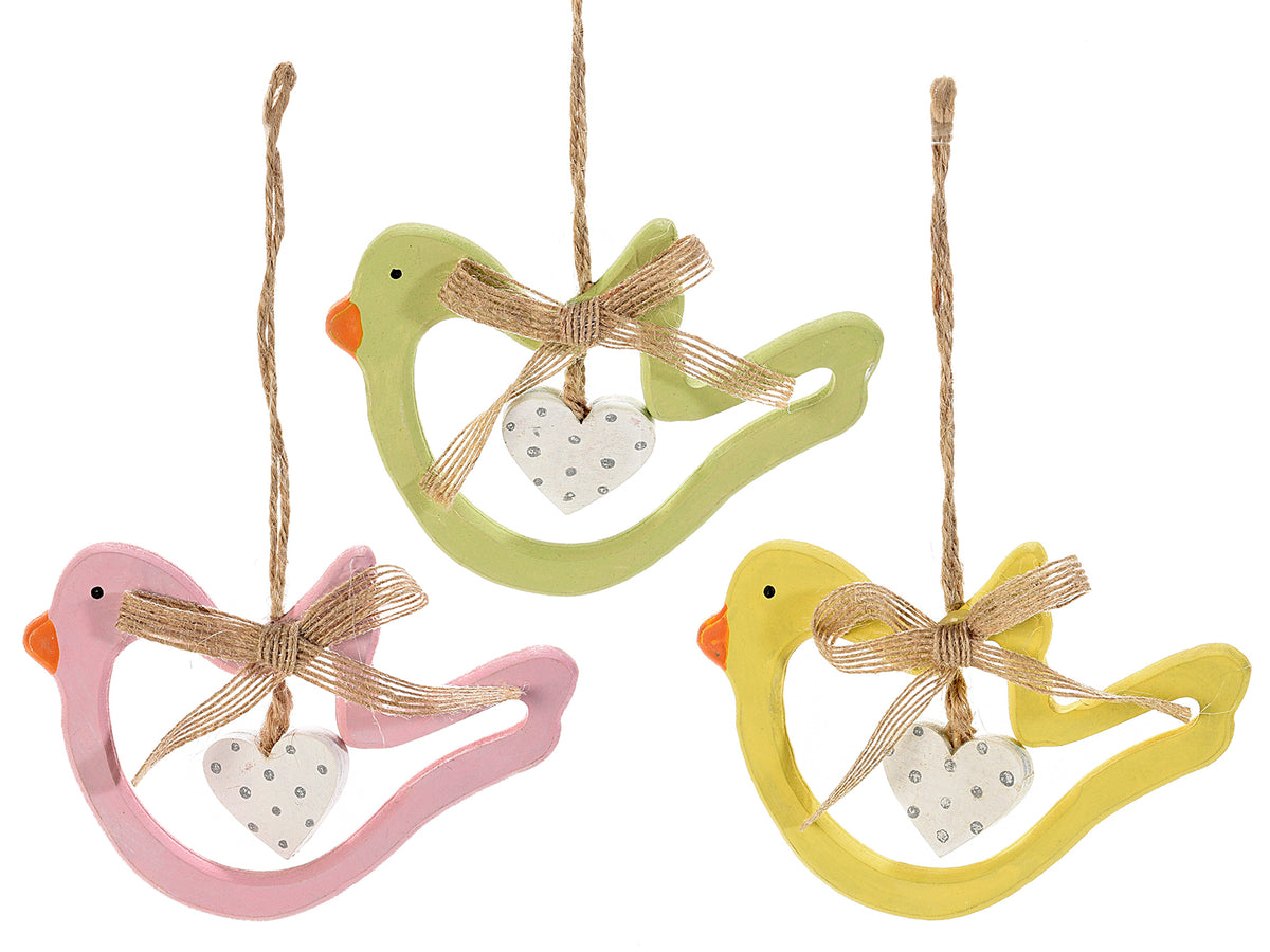 Uccellini in legno da appendere con pendaglio a cuore e fiocco, set da 9 pezzi, cm 12 x 8,5 H