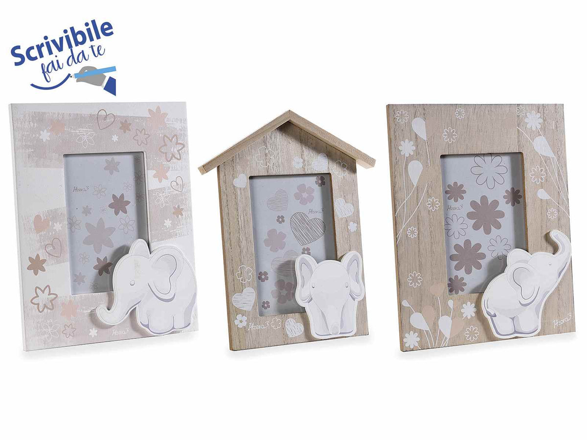 Portafoto con decori a forma di elefantini in legno, set da 3 pezzi, cm 19 x 24 H