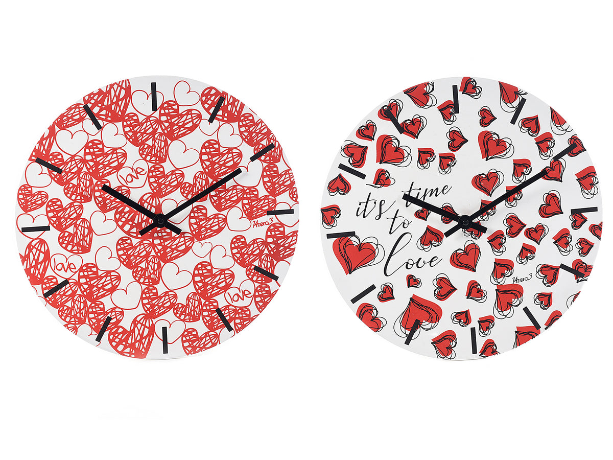 Orologi da parete in legno con decorazioni a tema San Valentino: cuori, set da 2 pezzi, Ø 30 cm