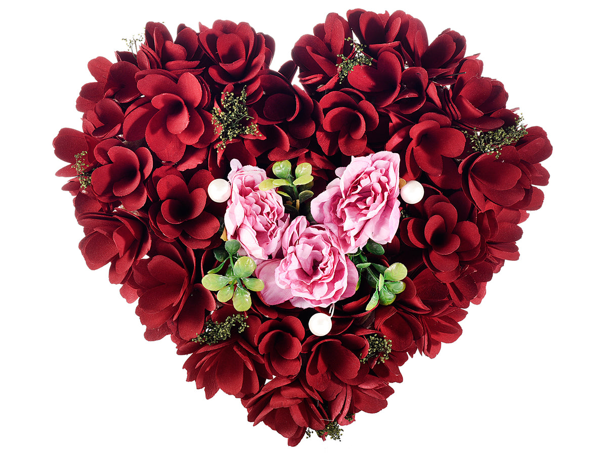 Ghirlande di legno con rose bordeaux e rosa stoffa a forma di cuore ideali, set da 2 pezzi, cm 32 x 28 H