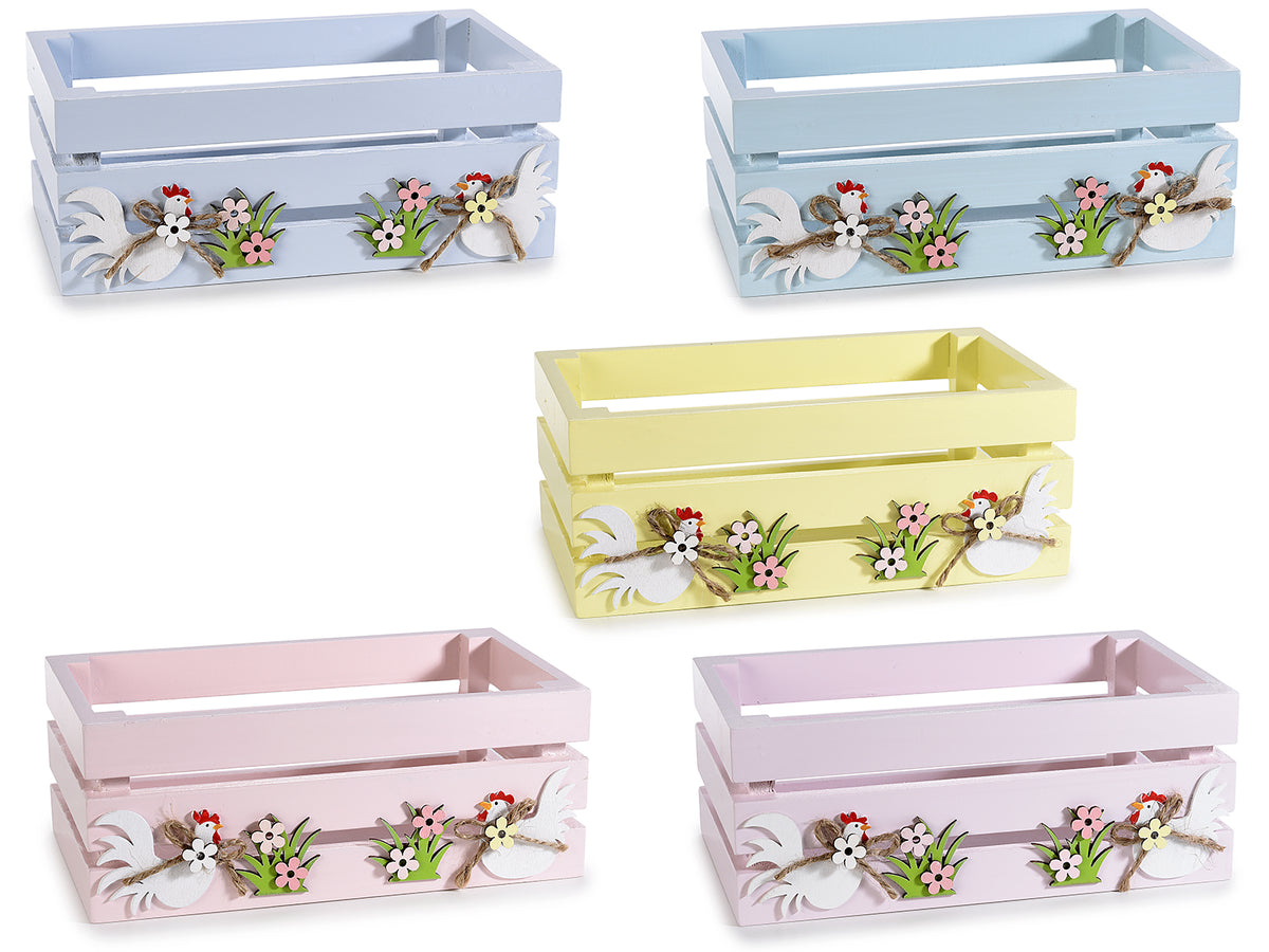 Cassette / Cestini in legno colorato con galline e fiori decorativi primaverili, set da 5 pezzi, cm 18 x 10,5 x 7 H