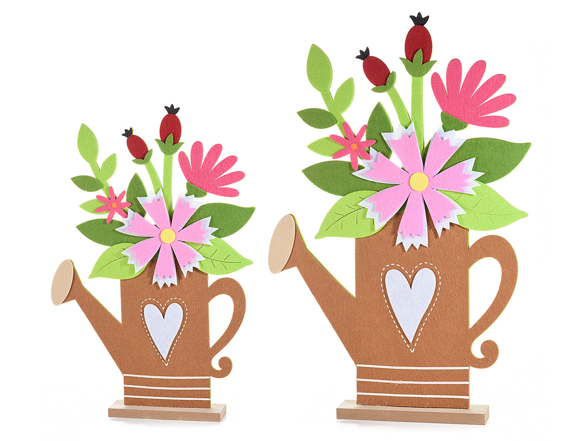 Set 2 innaffiatoi in legno e panno colorato con decori a fiore, Grande: cm 37 x 5 x 56,5 H