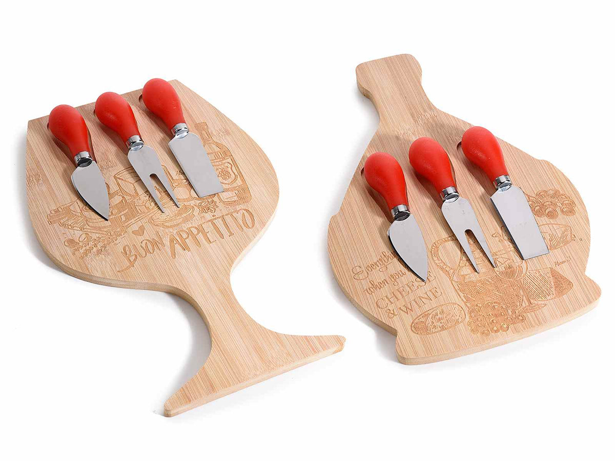 Set tagliere e 3 coltelli da formaggio in legno per formaggio con incisioni, set da 2 pezzi, Tagliere: cm 20 x 30 H