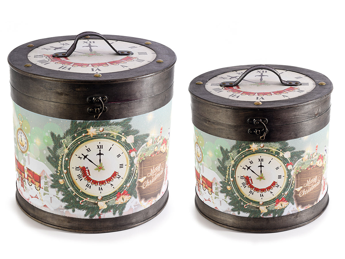 Bauletti / cappelliere di Natale in legno decori in set da due pezzi, Grande: Ø 35,5 cm x 33 H