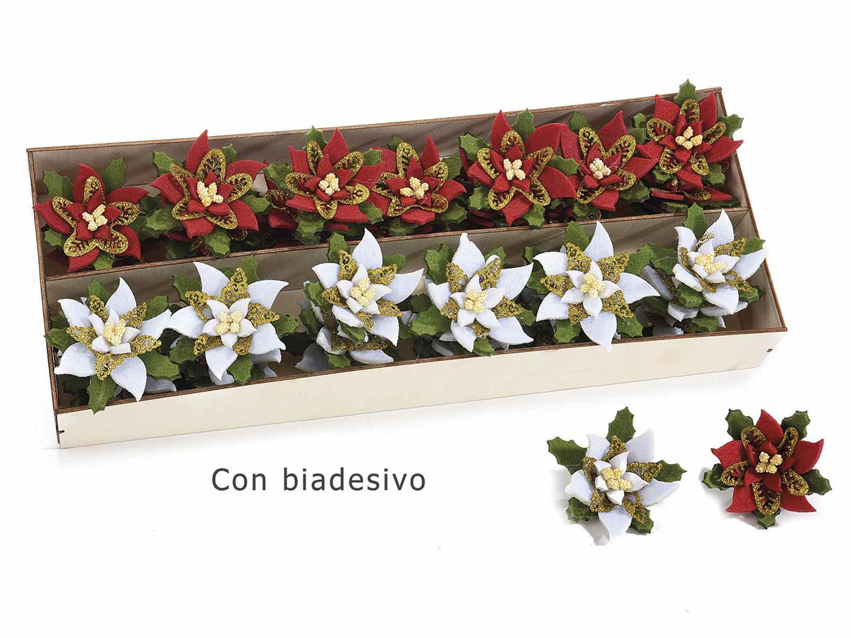 Stelle di Natale in panno con biadesivo in espositore da 36 pezzi assortiti, Ø 6 cm