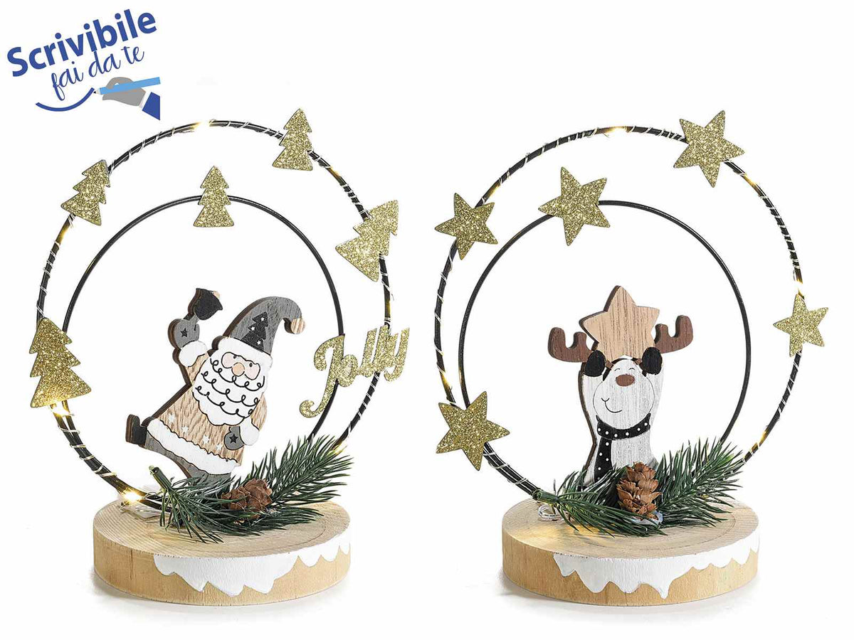 Decorazioni in legno con babbo natale e renna con luci led e decori glitterati, set da 2 pezzi, cm 16 x 10 x 17 H