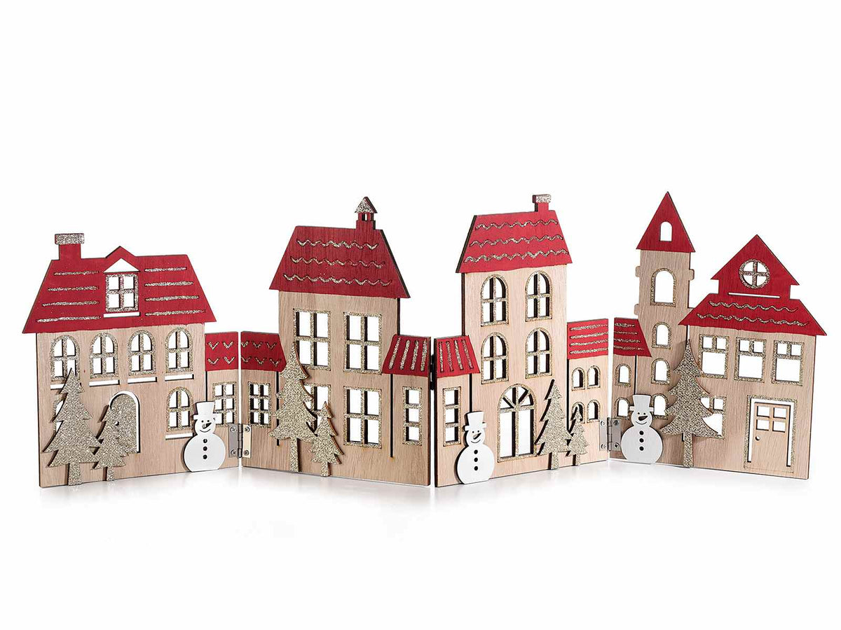 Staccionate pieghevoli in legno intagliato a forma villaggio natalizio, set da 2 pezzi, cm 59,5 x 20 H