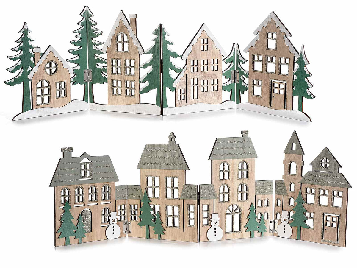 Staccionate in legno con villaggio natalizio e decori glitter, perfetta, set da 2 pezzi, cm 62 x 19,5 H