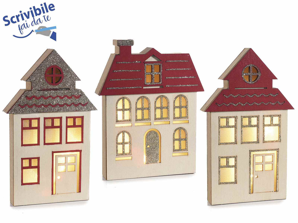 Casette in legno decori con glitter dorati e luce led da appoggiare, set da 3 pezzi, cm 11 x 2,5 x 19 H