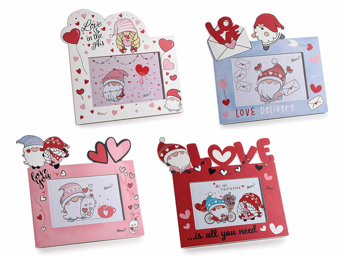 Portafoto per San Valentino in legno colorato con gnomi innamorati, scritte, set da 4 pezzi, cm 23 x 22 H