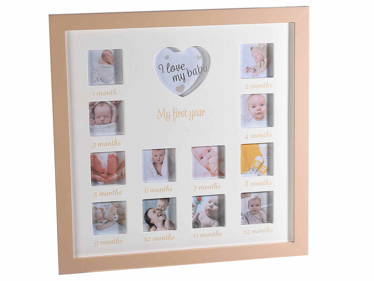 Quadri portafoto bimbi in legno il primo anno, da appendere, set da 2 pezzi, cm 33 x 33 H