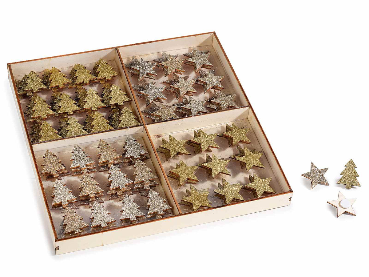 Decorazioni natalizie in legno con glitter a forma di alberi di Natale e stelle, Pino: cm 2 x 2,5 H