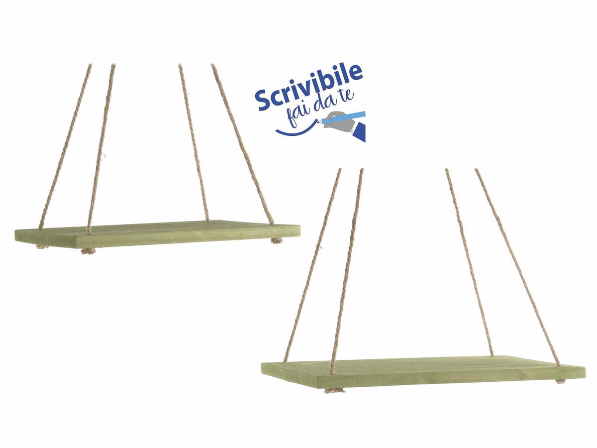 Ripiani in legno ad altalena verde con corda da appendere in set da due pezzi, Grande: cm 40 x 28 x 1,5 H